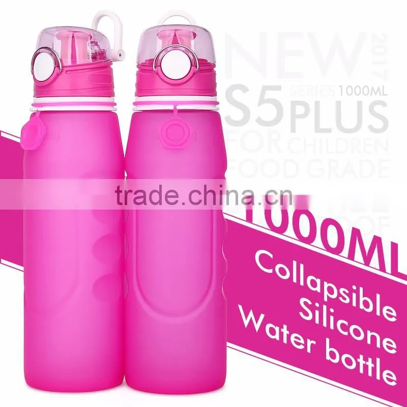 2017 Low Price Fashional Design 1000ml Sports Silicone Collapsible Water Bottle With Carabiner