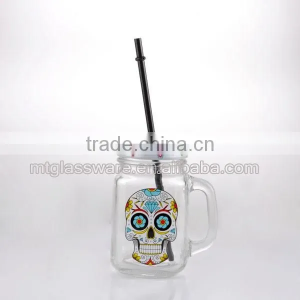 16oz Halloween Theme Skull Decal Glass Mason Jar with Handle