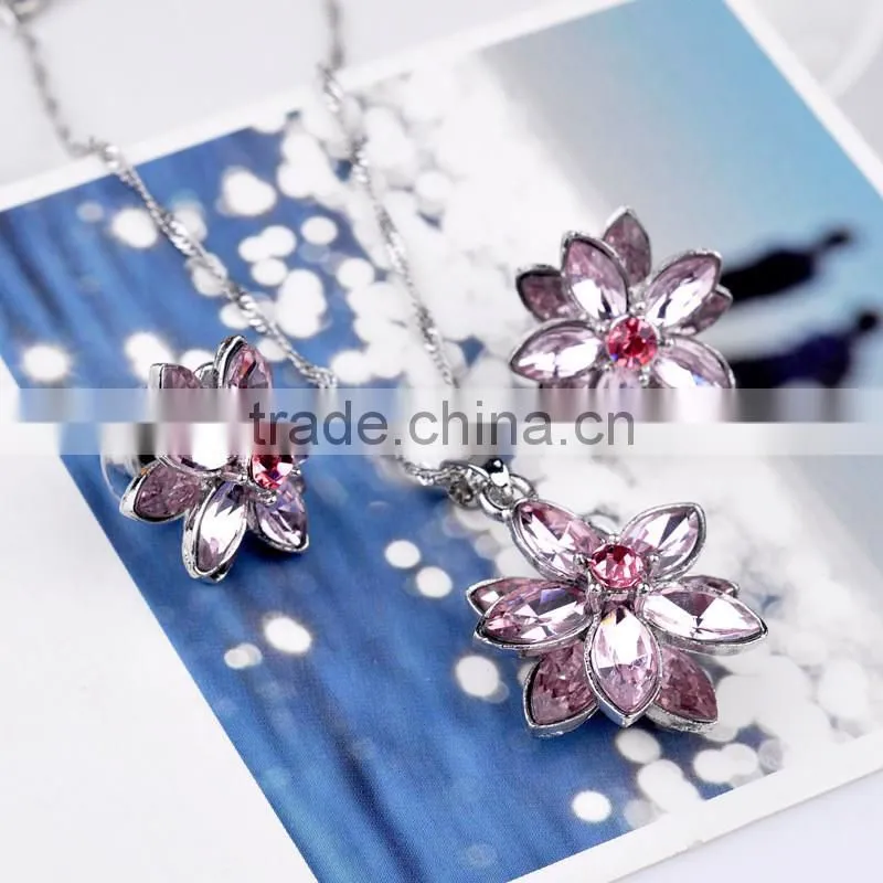 Blue/White/Pink Flower Necklace Earring Set Rhinestone Crystals for Women Jewelry