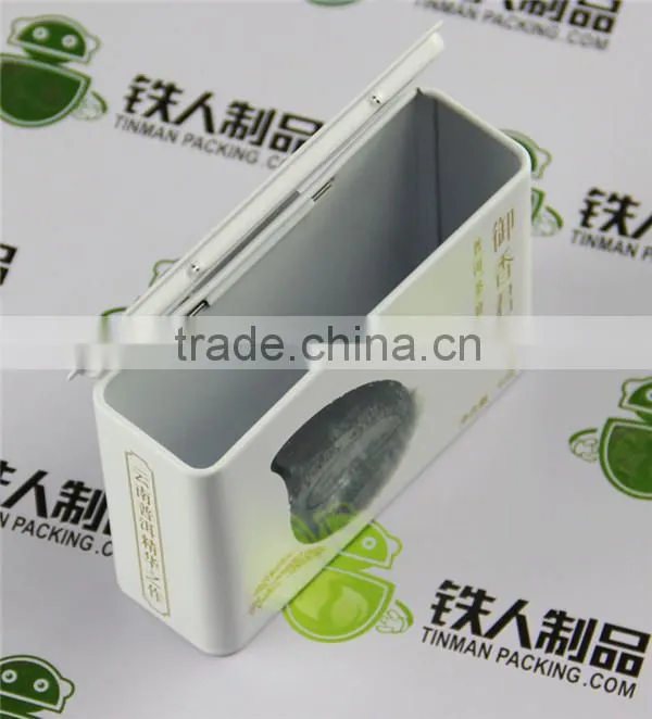 Empty small metal tin plate box with window tea tin case