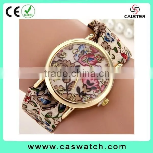 2016 geneva style floral ribbon watch, gold plated flowery face lady watch, vogue hot fashion lady watch