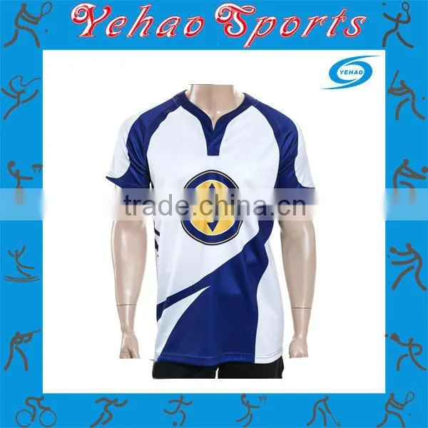custom made blue white rugby jersey with logo and number