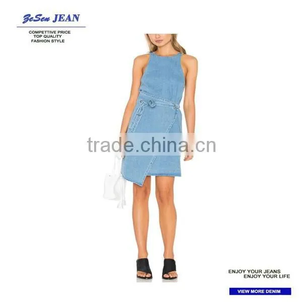 New Design Light Bule Denim Fabric Strap Women Dresses