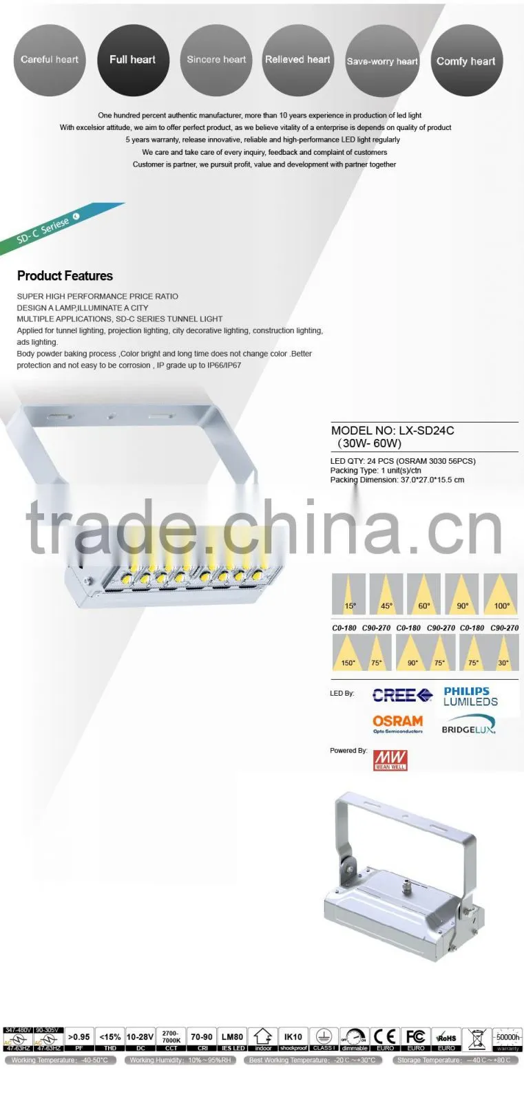 Adjustable Bracket CE Rohs Meanwell Driver 100-140lm/W Different Beam Angle Modular Design 40W Outdoor LED Tunnel Lamp