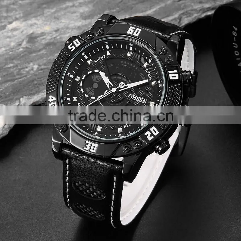 WJ-5446 genuine leather strap IP plating high quality double show Ohsen waterproof men sport watch