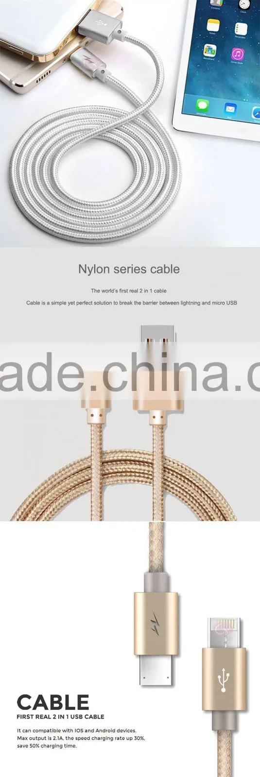 Free sample smart flash charging braided 2 in 1 micro usb cable