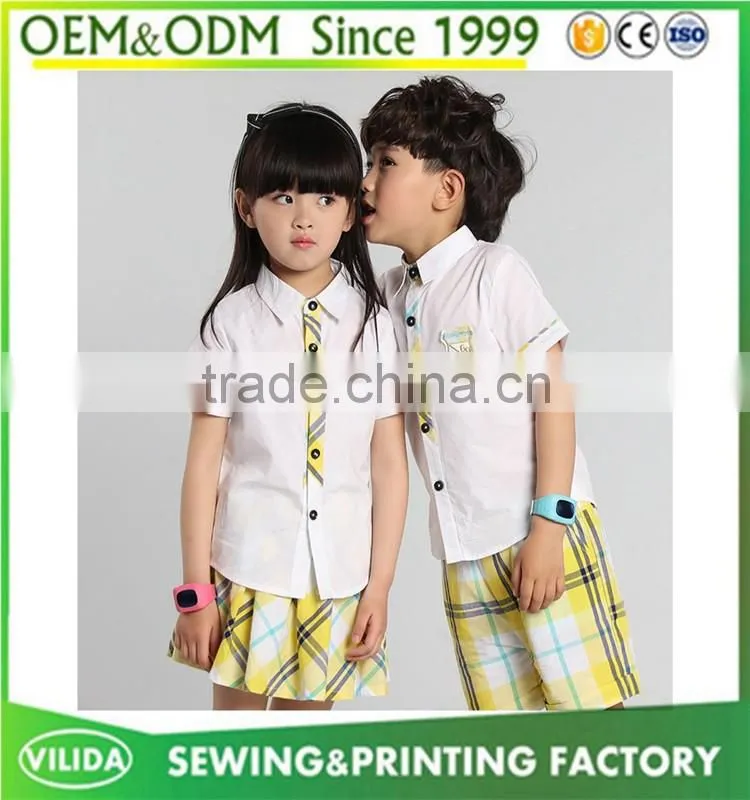 Hot selling kindergarten uniform new fashion primary school uniform white shirt and yellow checked shorts or skirt