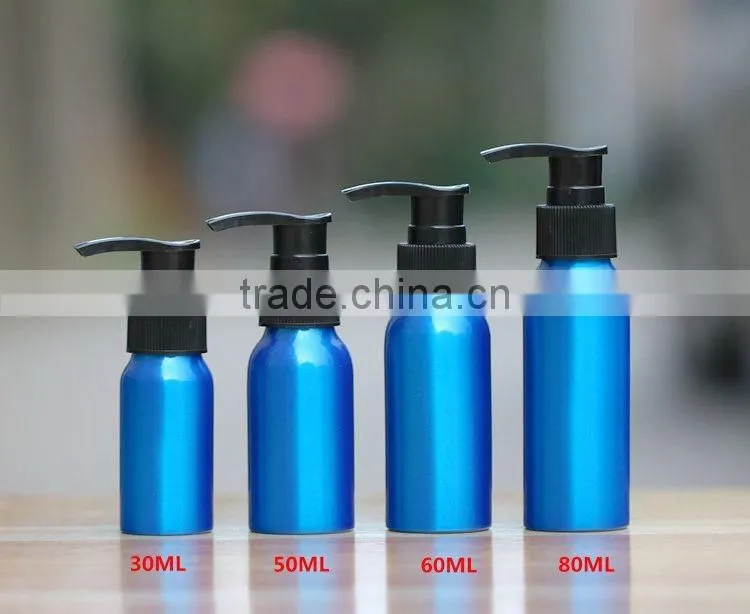 Wholesale 30ML-500ML blue aluminum bottle with lotion pump for cosmetic packaging aluminum pump bottle