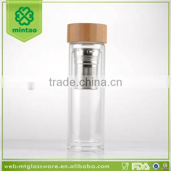 promotion 400ml custom braned double wall glass drink tea water bottles with bamboo lid