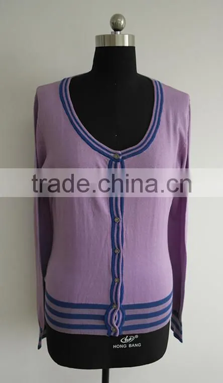 Ladies Fashion stripe knitted 100%cotton cardigan sweater