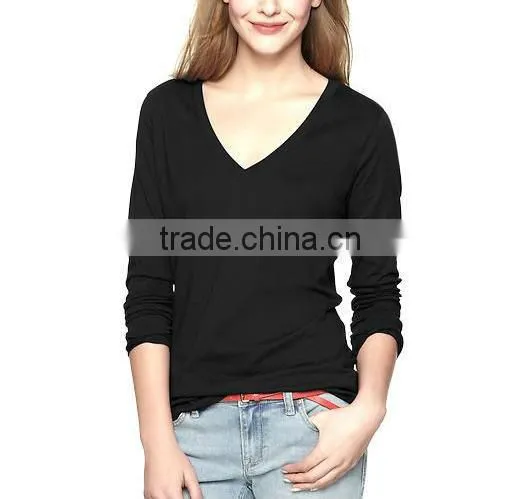Plain Black long sleeve v neck t shirt for womens