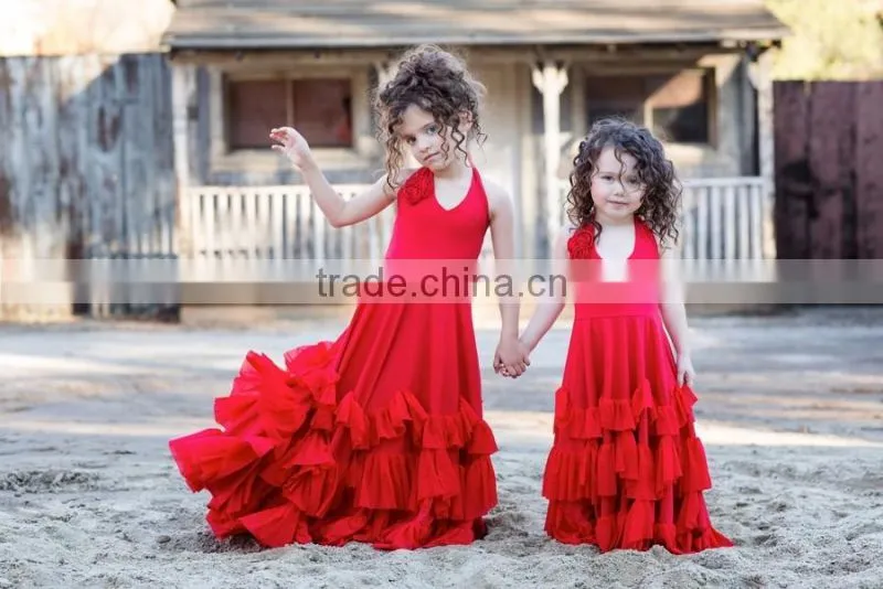 2017 New Arrive Little Girls Christmas Party Red Ruffle Twril Dress Pexi Girls Maxi Dresses
