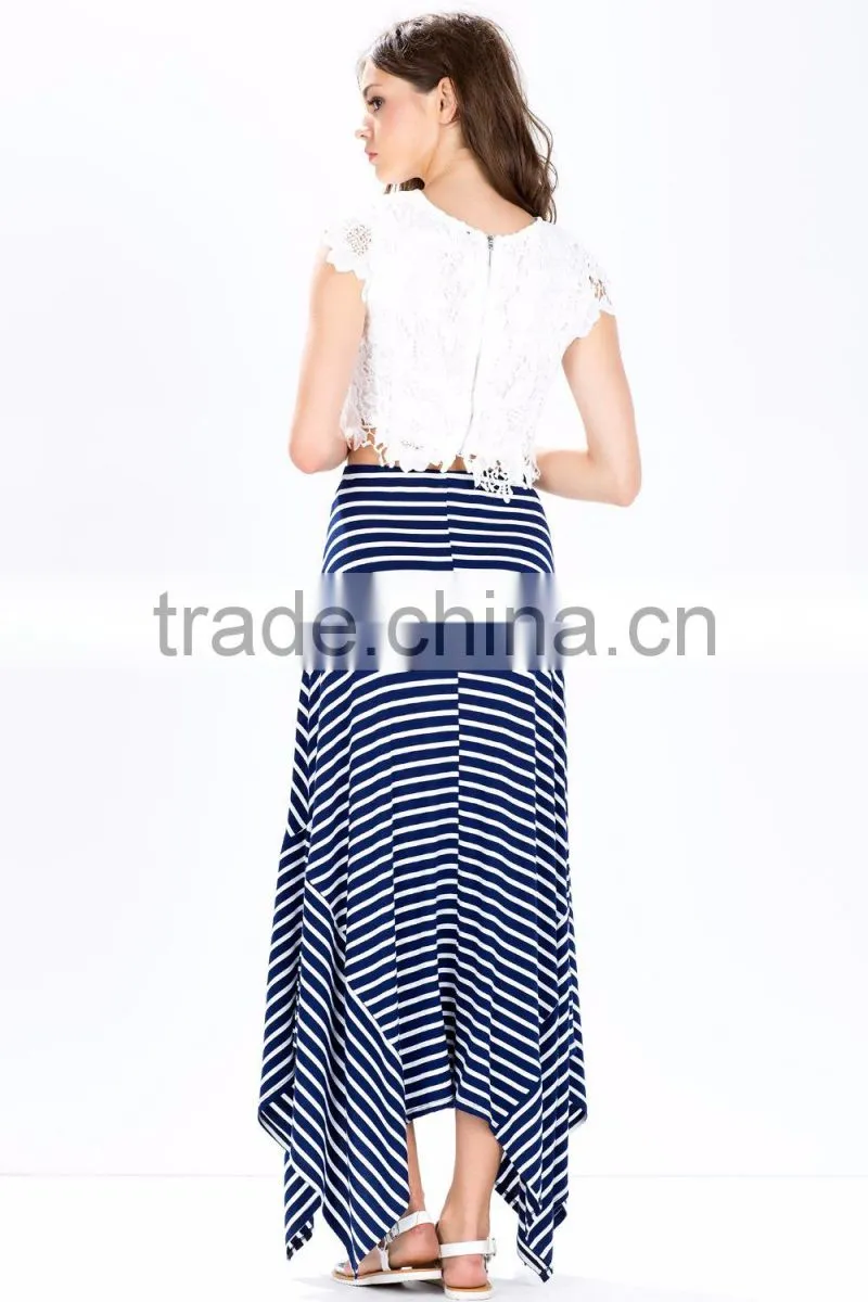 2015 Wholesale fashion design women stripe long skirt asymmetrical high waist maxi long skirt for women