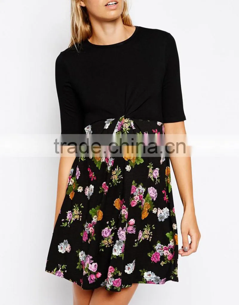 Maternity Floral Skater Dress With Plain Top And Twist Front
