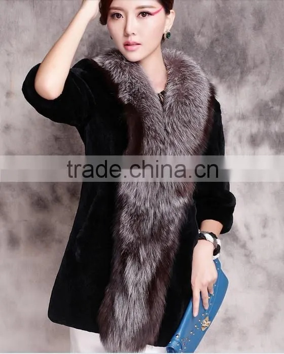 rex14062 newest rex rabbit fur coat with silver fox fur trim black