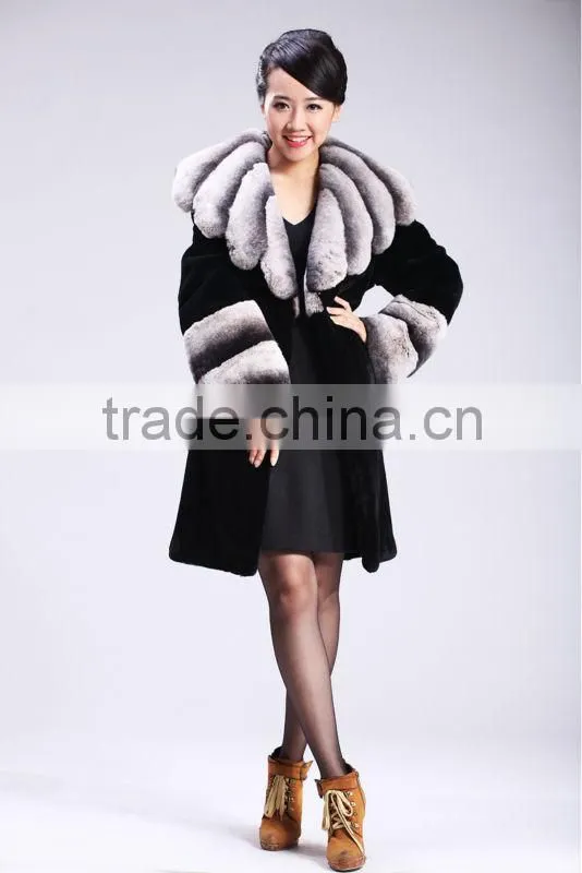 natural black rex rabbit fur coat with big chichilla style collar