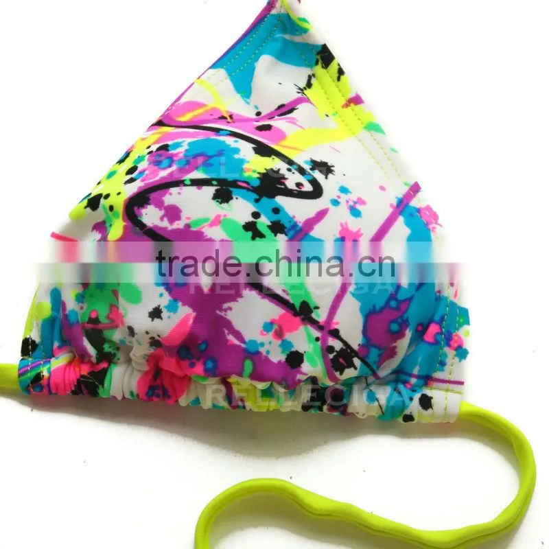 RELLECIGA Girl Doodle Print Triangle Bikini Set with Fluorescent Yellow Ties and Removable Padding