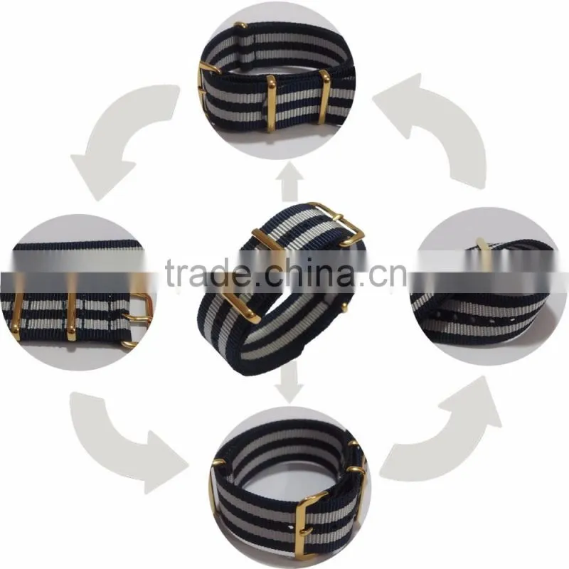 PVD Gold Custom Black Gray Striped Nylon Watch Bands 16MM