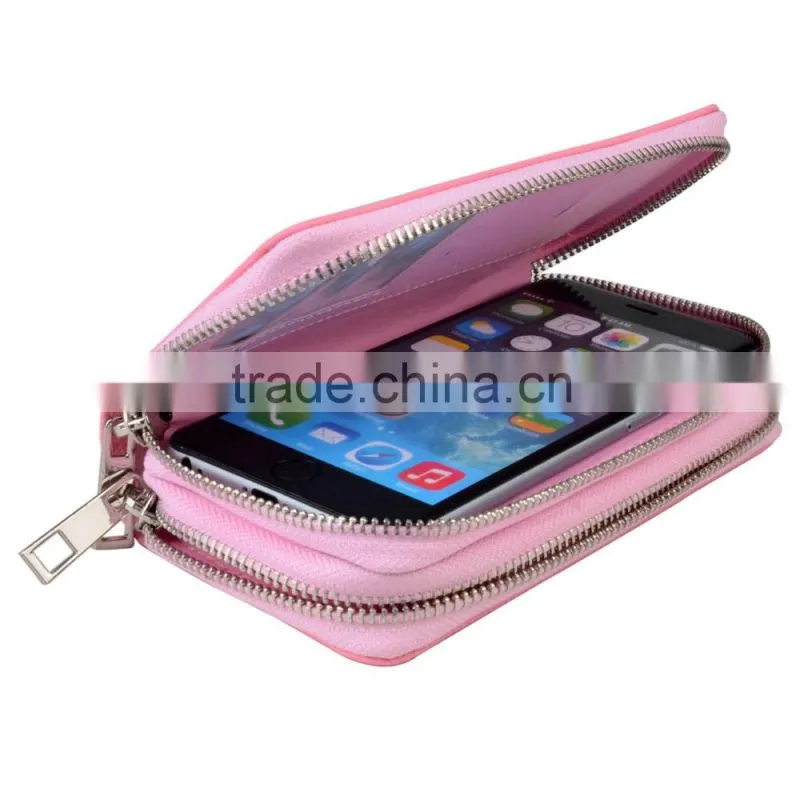 mobile phone leather wallet with two metal zipper