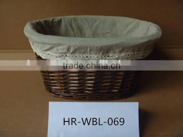 handmade round wicker basket with grey cotton liner