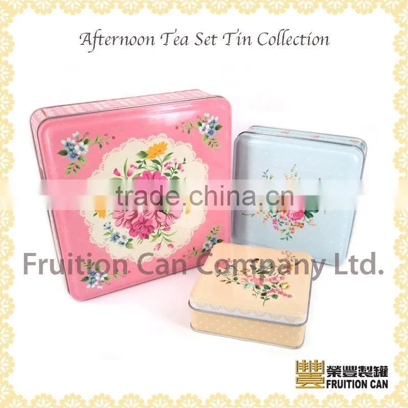 Square Floral Vintage Tin Box Set for cookie tin coffee tin