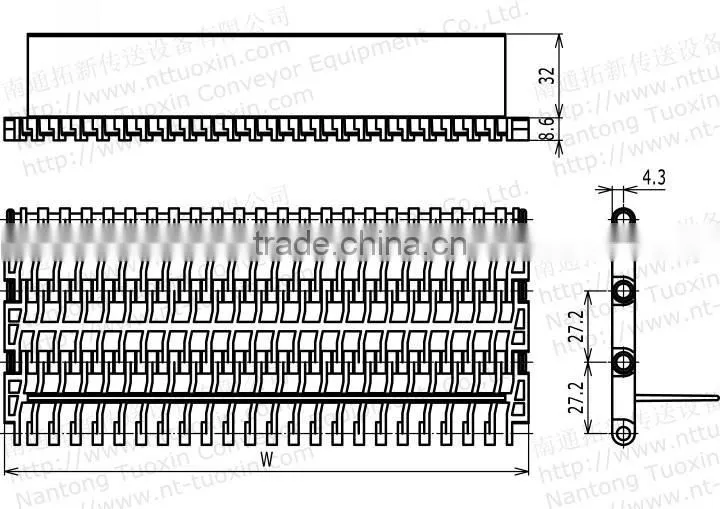 900 Flush Grid 27.2mm Pitch Plastic Conveyor Belt with Base Flights