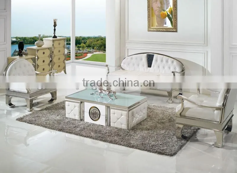 C369 Modern Stainless Steel Wooden Trunk Storage Glass Coffee Table