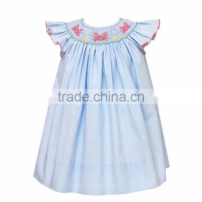 FallWinter Children Cotton Frocks Designs Blue Plaid Red Crabs Embroidered Flower Newborn Baby Girls Birthday Party Dresses