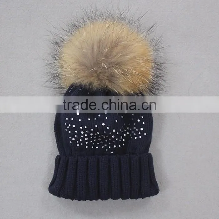 Myfur Winter Woolen Knitting Beanie Hat with Removable Raccoon Fur Bobble Top