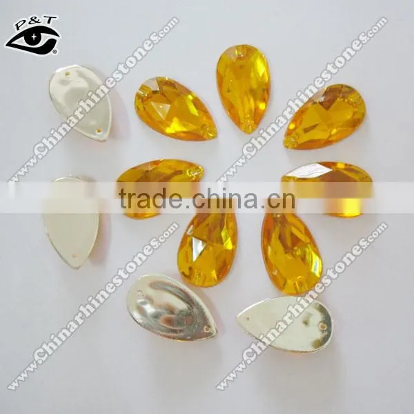 Flat back Tear Drop 17x28mm Lt topaz Gold color Sew on Stone Acrylic Rhinestone for clothing shoes wedding dresses