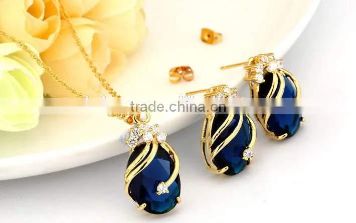 Copper Gemstone Fashion Jewelry Sets,Drop Earrings Crystal Pendant Necklace Bridal Jewelry Set (Red,Green,Blue,Purple and Black)