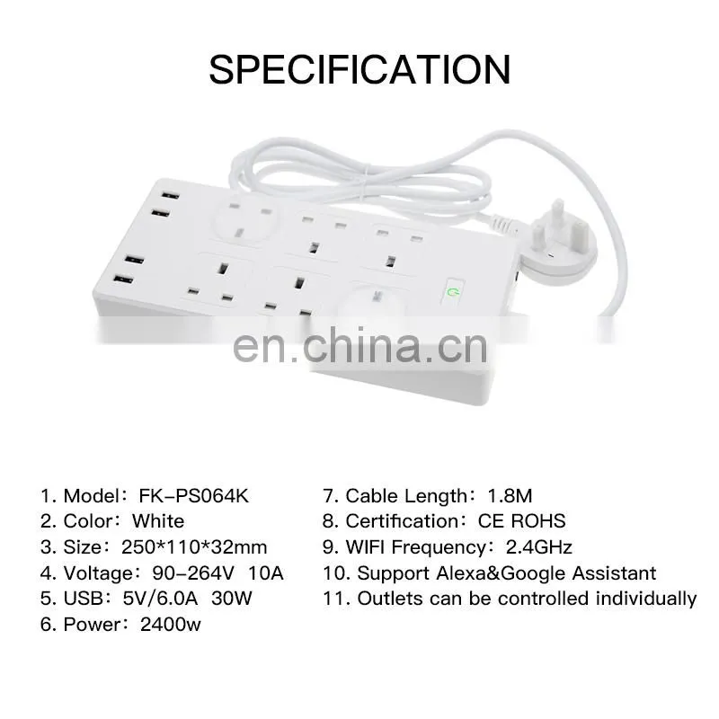 FRANKEVER iPhone Android Smartphone Control 6AC Electric Outlets WiFi Smart White Power Strip With 4 USB Charging Ports