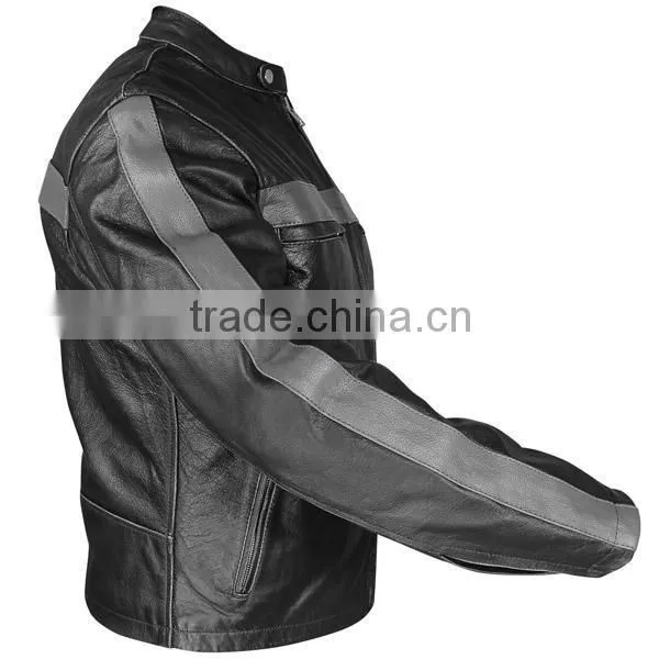Motorbike Men's Grey Striped Black leather motorcycle jacket