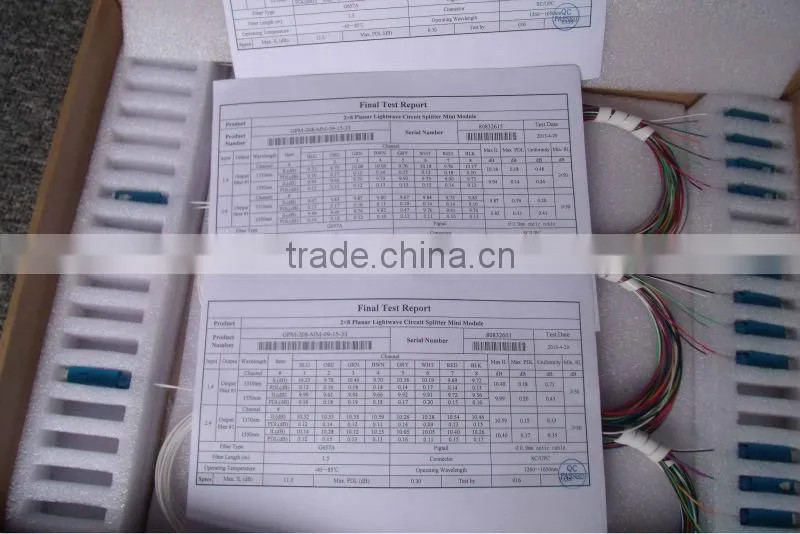 2*8 1260-1650nm Steel mini module type,0.9mm cable dia. 1.5m length,with SC/APC connector FTTH PLC Splitter