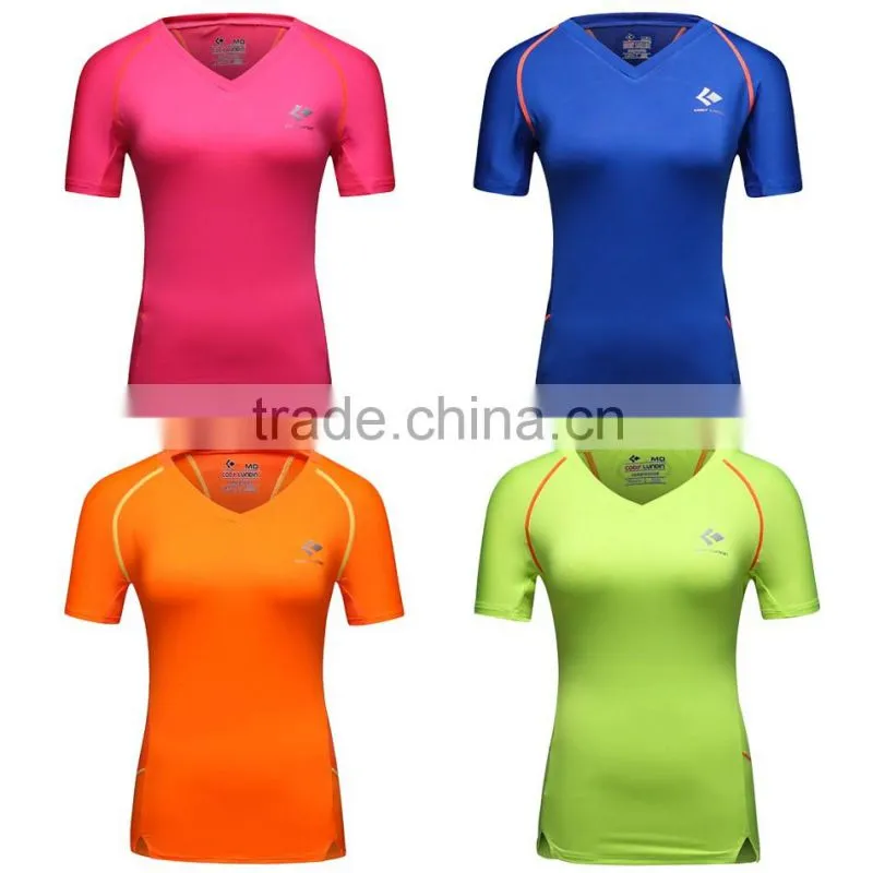 custom fashion comfortable v-neck plain short sleeve compression shirt women 2016