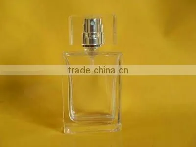 50ml luxury transparent glass square shape perfume bottle with shiny sliver metal sprayer pump cap