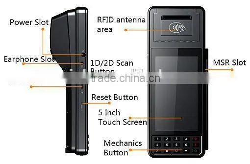 Andriod OS Mobile POS Terminal with Bluetooth,GPRS,GPS,WiFi,Biometric,RFID,Barcode,Smart Card,RFID Card(Portable POS Machine)