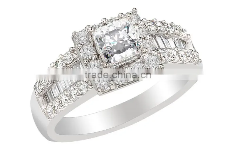 925 Silver CZ Emerald Cut Engagement Ring Baguette Side Stones