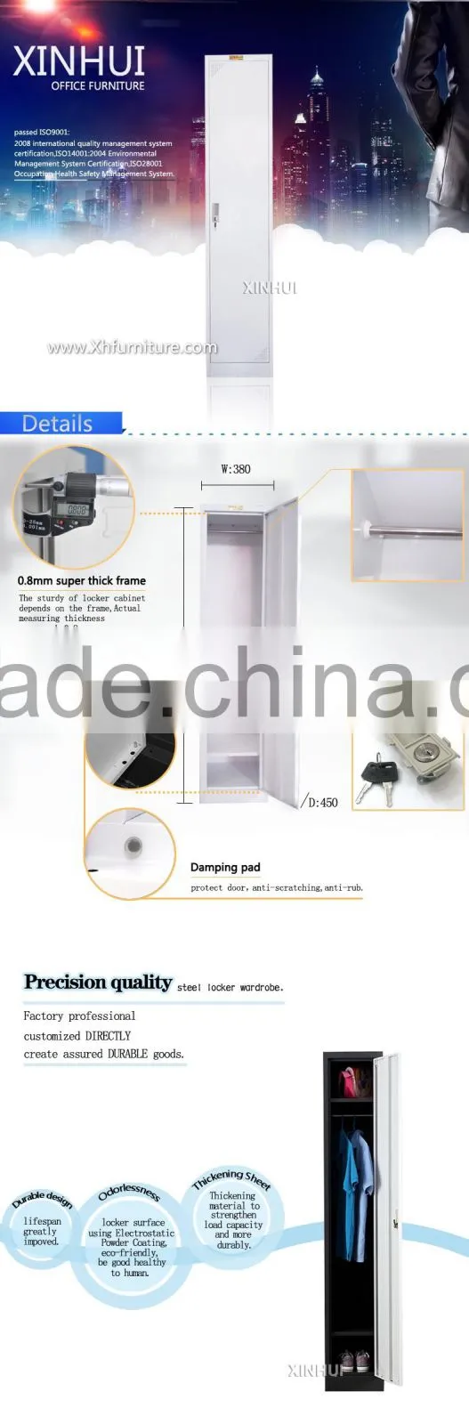 High Quality Single Door Staff Clothes Locker Metal Closet Wardrobe