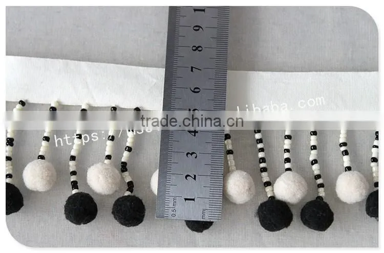 Newest 7cm width black/white handmade beaded pom pom fringe wholesales