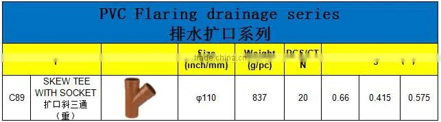 HIGH QUANLITY SKEW TEE WITH SOCKET OF PVC GB STANDARD EXPANDING FITTINGS FOR DRAINAGE WITH GASKET