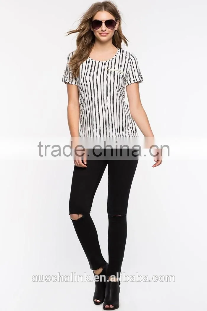 best selling high quality ladies vertical stripe t shirt