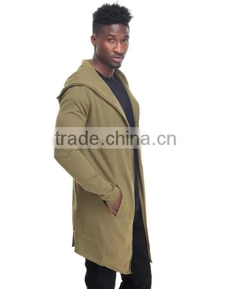 Open front Long sleeve men's elongated hoody coat attached hood made in China factory