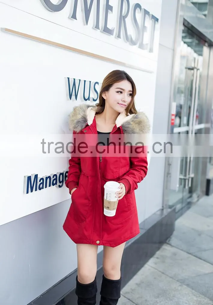 2015 New Fashion Long Waist Collect 100% Polyester Women Padded Jacket With Hoody
