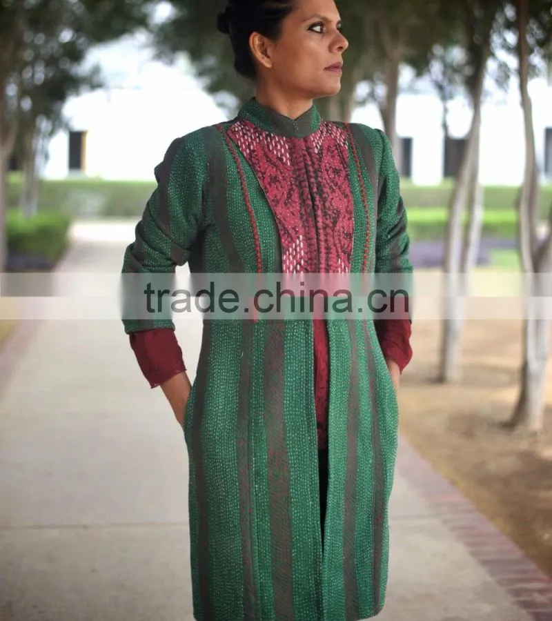 Vintage Kantha Long Jacket in Beautiful Viridian Green and Dull Red ~ Small