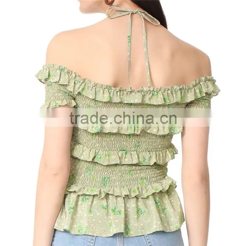 2017 OEM Femme Halter Ties Dainty Floral Elastic Ruffles Frill Blouse