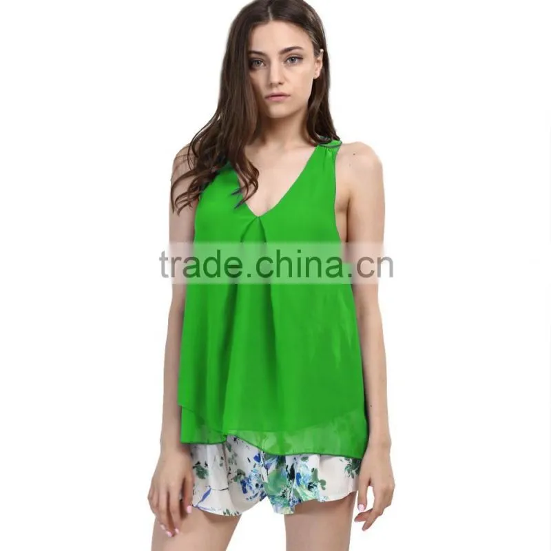 Fashion Summer Deep V Neck Chiffon Sleeveless Woman Blouse For Sale