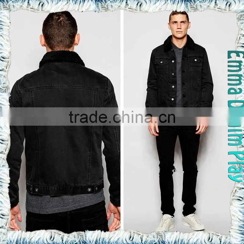 Black Mens Fleece Collar Fitted Denim Jacket for Chilly Winter