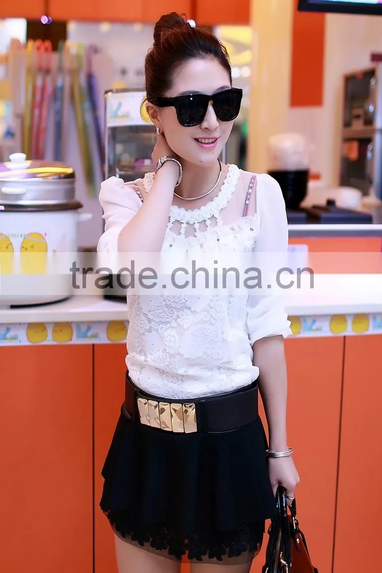 2015 women's T-shirt with long sleeves gauze splicing thin render unlined upper garment to bigger sizes Lace hollow out