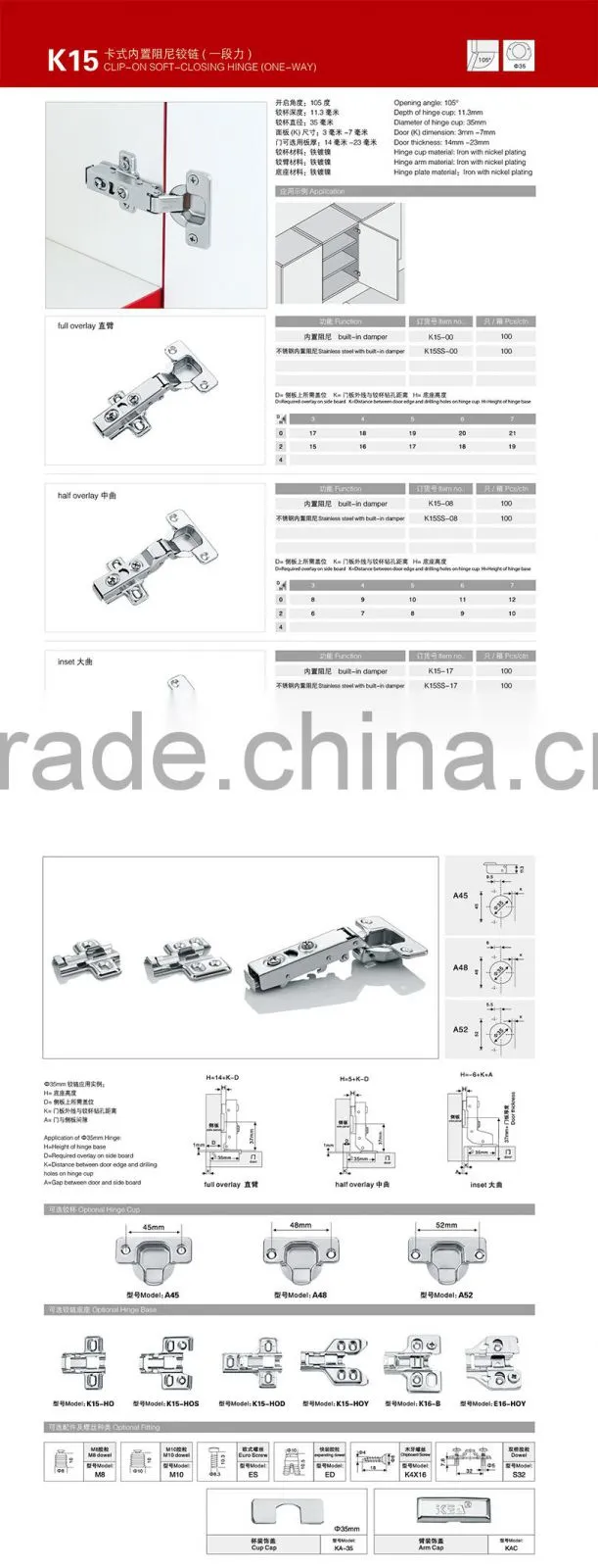 KH-K15 High Quality Furniture Cabinet Hydraulic Hinge